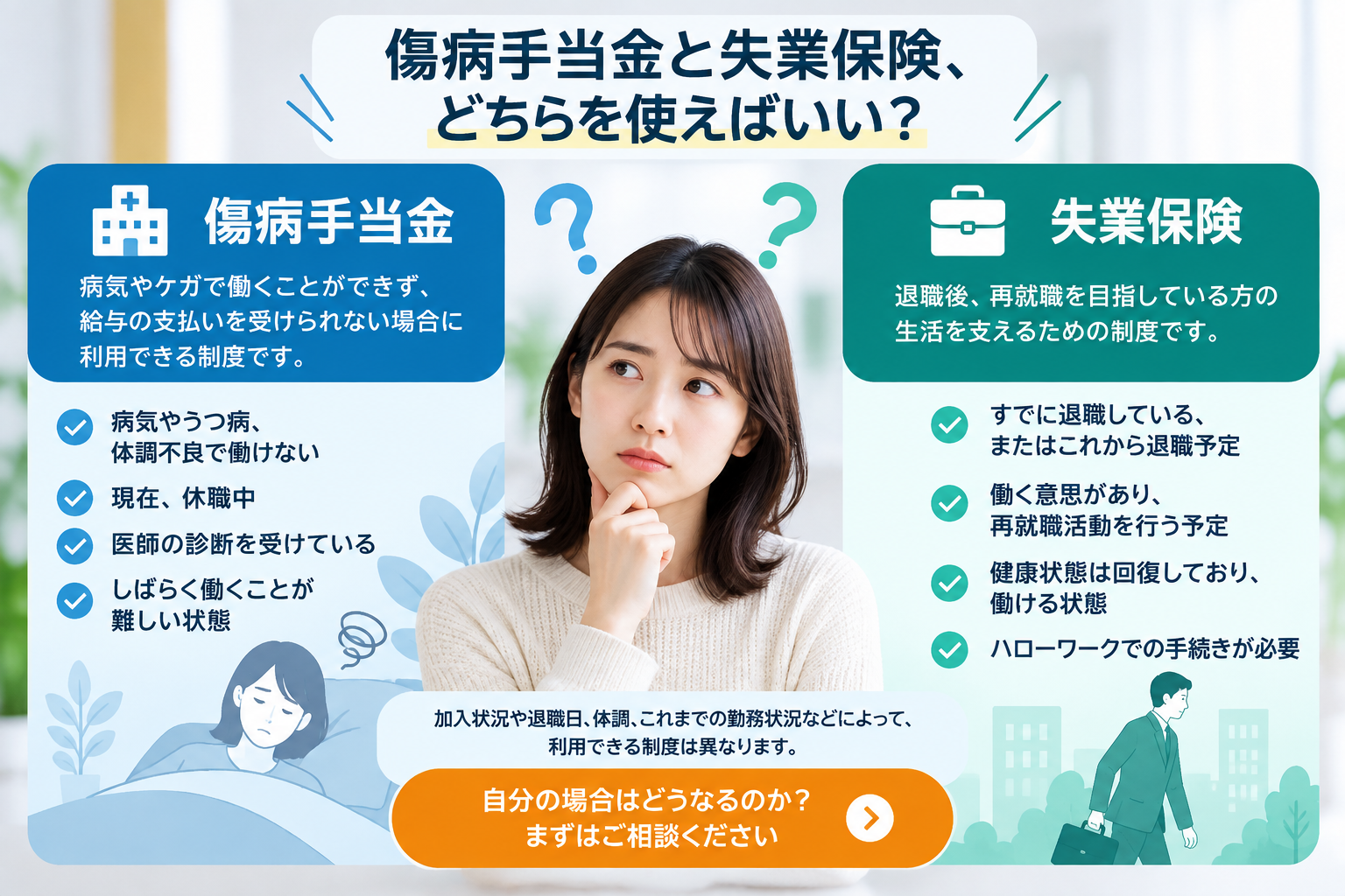 傷病手当金と失業保険、どちらを使えばいい？ お問い合わせはこちら